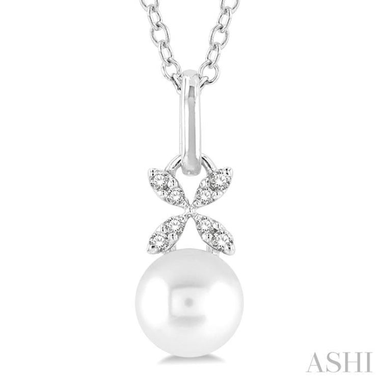 1/50 ctw Petite Floral Round Cut Diamond and 6X6 MM Cultured Pearl FAshion Pendant With Chain in 10K White Gold