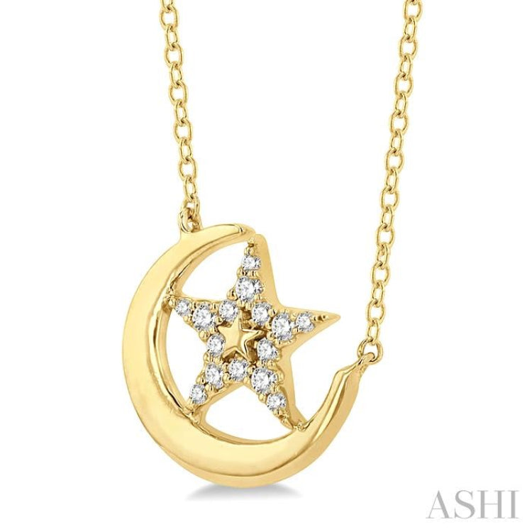 1/10 Ctw Crescent Moon and Star Round Cut Petite Diamond FAshion Pendant With Chain in 10K Yellow Gold