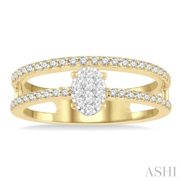 1/3 ctw Twin Band Oval Shape Lovebright Round Cut Diamond FAshion Ring in 14K Yellow and White Gold