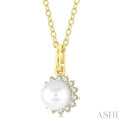 1/10 ctw Petite 6X6 MM Cultured Pearl and Round Cut Diamond FAshion Pendant With Chain in 10K Yellow Gold