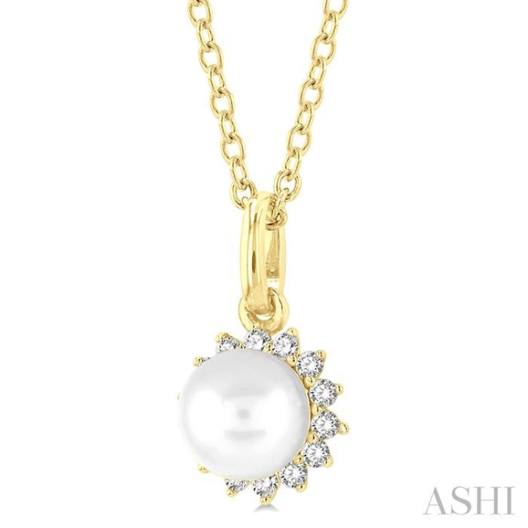 1/10 ctw Petite 6X6 MM Cultured Pearl and Round Cut Diamond FAshion Pendant With Chain in 10K Yellow Gold