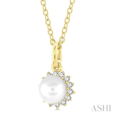 1/10 ctw Petite 6X6 MM Cultured Pearl and Round Cut Diamond FAshion Pendant With Chain in 10K Yellow Gold