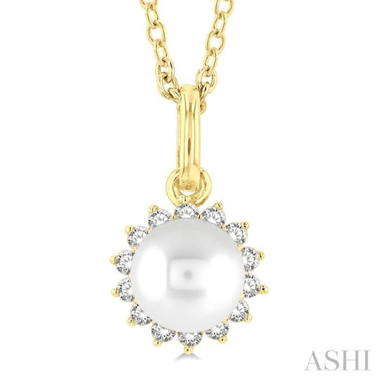 1/10 ctw Petite 6X6 MM Cultured Pearl and Round Cut Diamond FAshion Pendant With Chain in 10K Yellow Gold