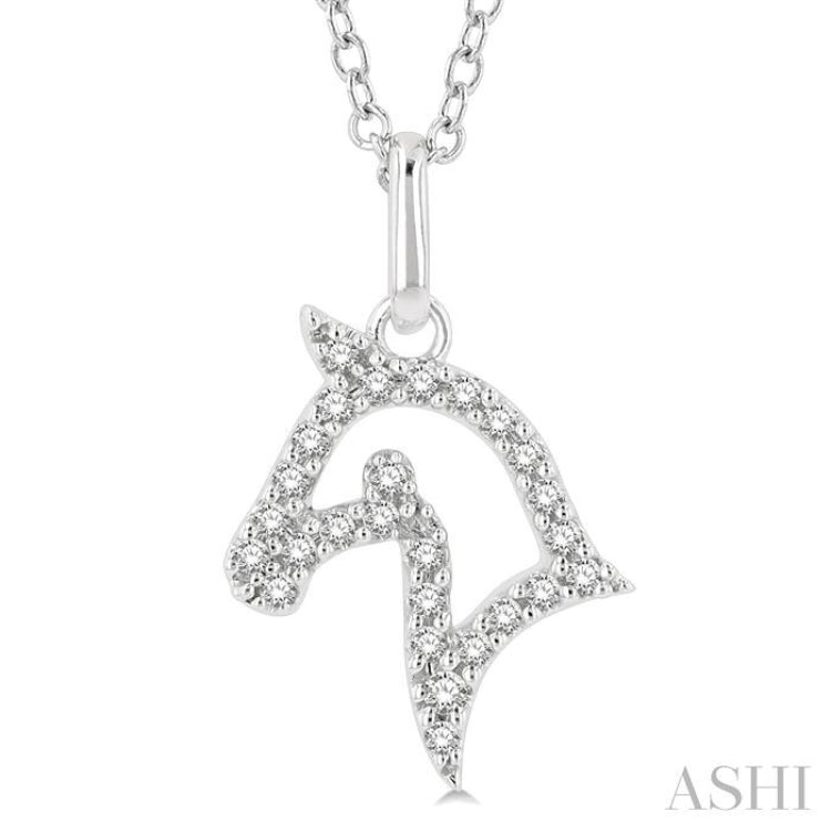 1/10 Ctw Horse Head Petite Round Cut Diamond FAshion Pendant With Chain in 10K White Gold