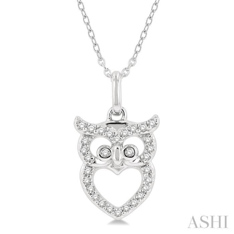 1/8 Ctw Owl Frame Petite Round Cut Diamond FAshion Pendant With Chain in 10K White Gold