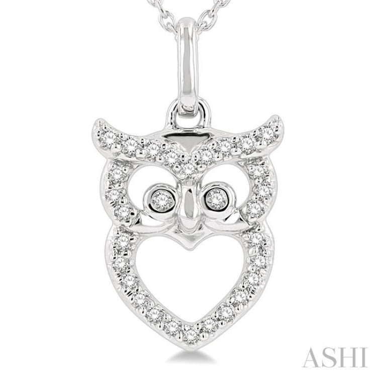 1/8 Ctw Owl Frame Petite Round Cut Diamond FAshion Pendant With Chain in 10K White Gold