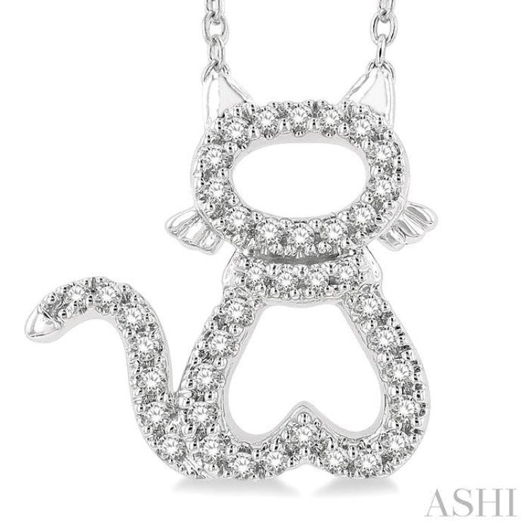 1/6 Ctw Cat Shape Petite Round Cut Diamond FAshion Pendant With Chain in 10K White Gold