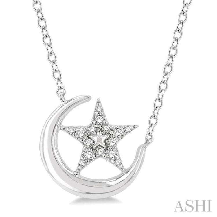 1/10 Ctw Crescent Moon and Star Round Cut Petite Diamond FAshion Pendant With Chain in 10K White Gold