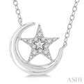 1/10 Ctw Crescent Moon and Star Round Cut Petite Diamond FAshion Pendant With Chain in 10K White Gold