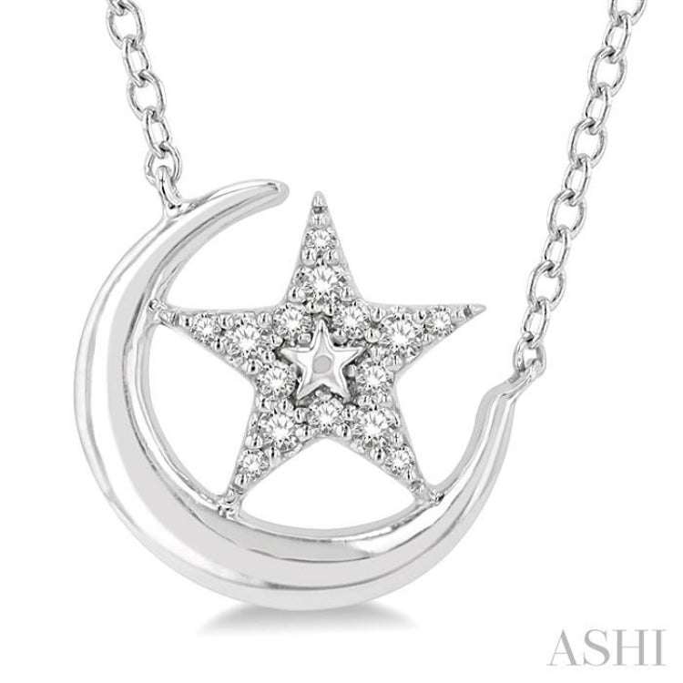 1/10 Ctw Crescent Moon and Star Round Cut Petite Diamond FAshion Pendant With Chain in 10K White Gold