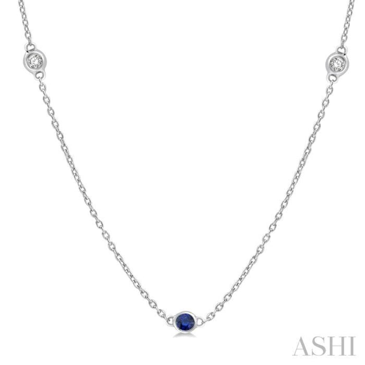 1/6 ctw Round Cut Diamond and 1.75MM Sapphire Precious Station Necklace in 14K White Gold