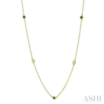 3/8 ctw Round Cut Diamond and 2.6MM Emerald Precious Station Necklace in 14K Yellow Gold