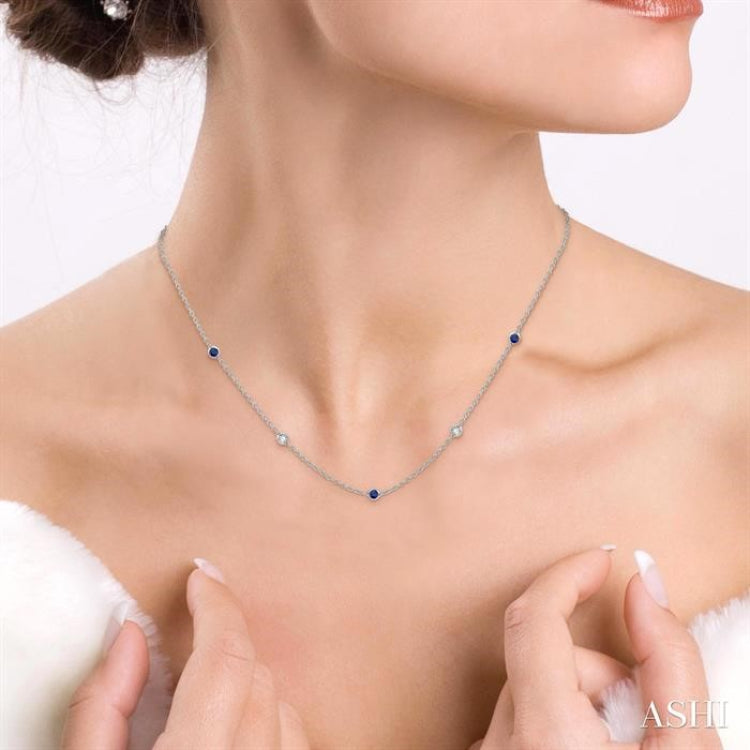 3/8 ctw Round Cut Diamond and 2.6MM Sapphire Precious Station Necklace in 14K White Gold