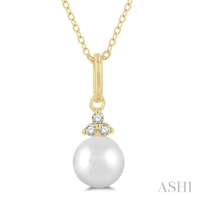 1/50 ctw Petite 6X6 MM Cultured Pearl and Round Cut Diamond FAshion Pendant With Chain in 10K Yellow Gold