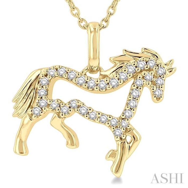 1/8 Ctw Horse Symbol Petite Round Cut Diamond FAshion Pendant With Chain in 10K Yellow Gold