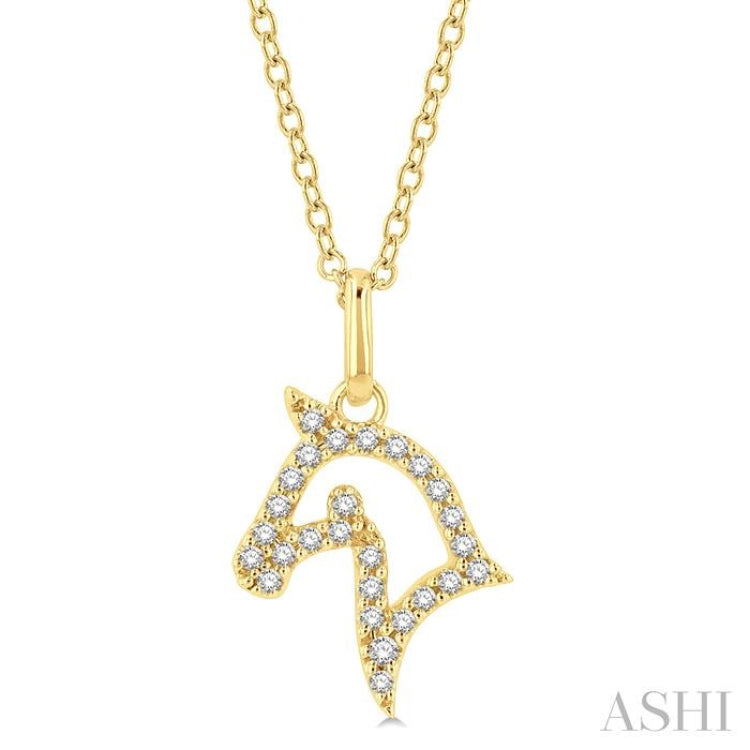 1/10 Ctw Horse Head Petite Round Cut Diamond FAshion Pendant With Chain in 10K Yellow Gold