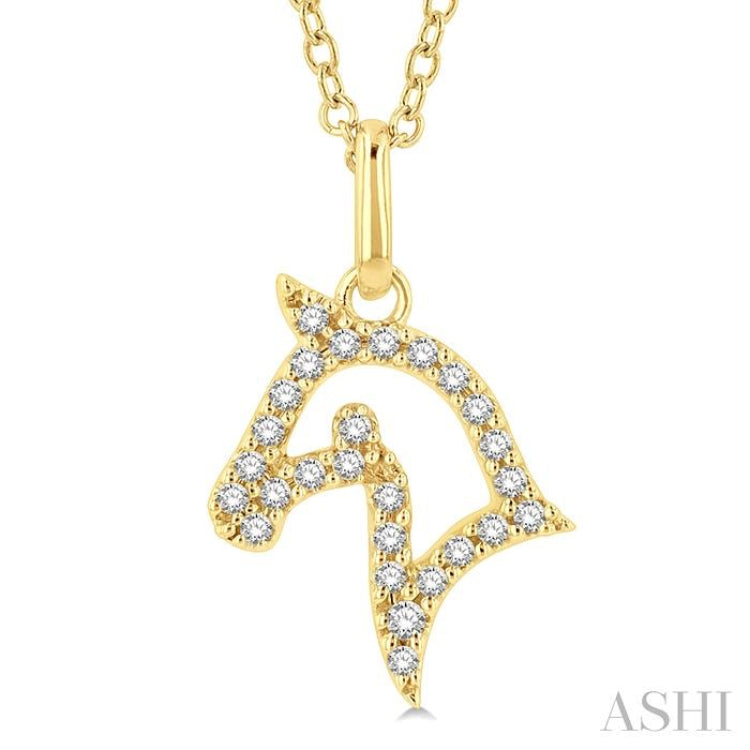 1/10 Ctw Horse Head Petite Round Cut Diamond FAshion Pendant With Chain in 10K Yellow Gold