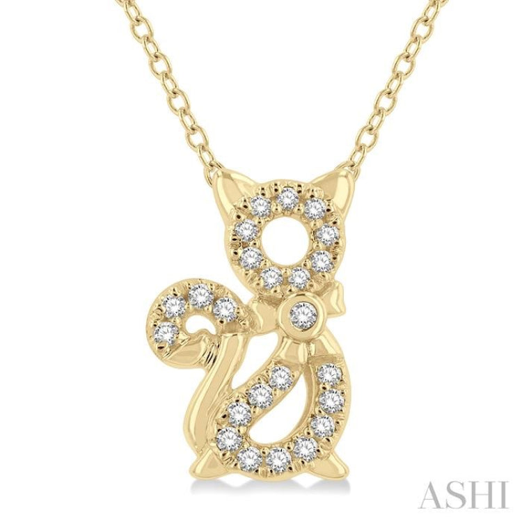 1/10 Ctw Cat Motif Petite Round Cut Diamond FAshion Pendant With Chain in 10K Yellow Gold