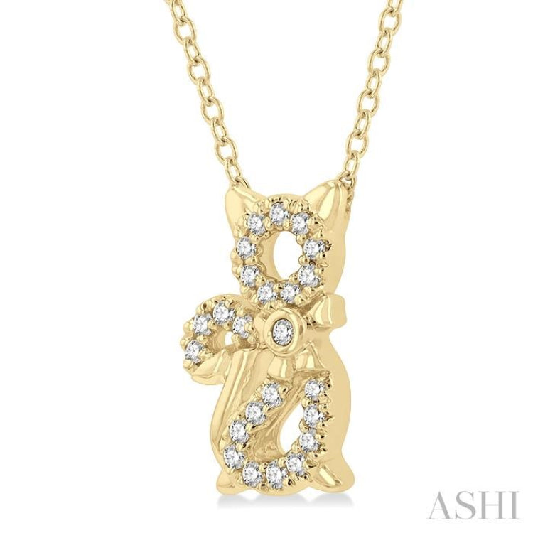 1/10 Ctw Cat Motif Petite Round Cut Diamond FAshion Pendant With Chain in 10K Yellow Gold