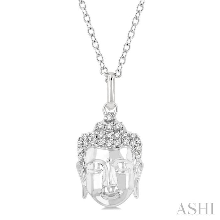 1/10 Ctw Head of Buddha Petite Round Cut Diamond FAshion Pendant With Chain in 10K White Gold