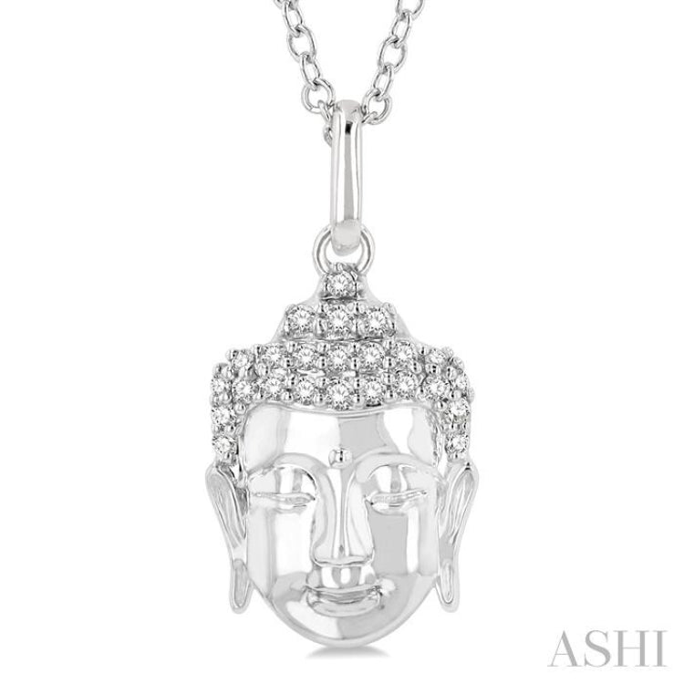 1/10 Ctw Head of Buddha Petite Round Cut Diamond FAshion Pendant With Chain in 10K White Gold