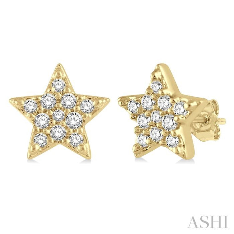 1/10 Ctw Star Round Cut Diamond Petite FAshion Earring in 10K Yellow Gold