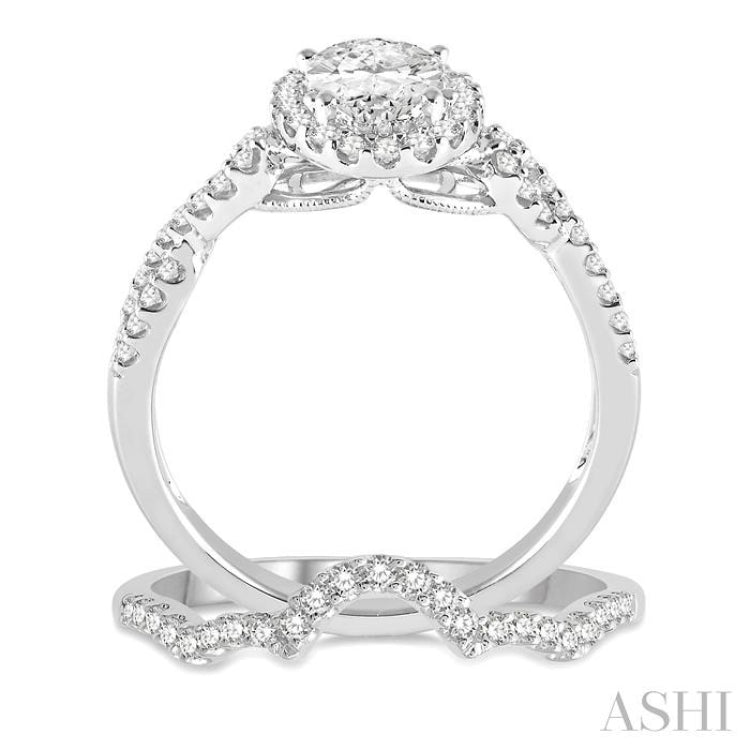 3/4 Ctw Diamond Wedding Set With 14K 1/2 Ctw Oval Cut Diamond Engagement Ring in White Gold and 1/6 Ctw Diamond Wedding Band in White Gold