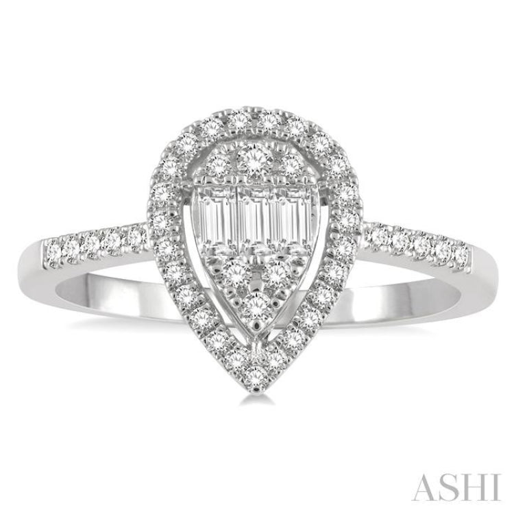 3/8 ctw Pear Shape Fusion Baguette and Round Cut Diamond FAshion Ring in 14K White Gold