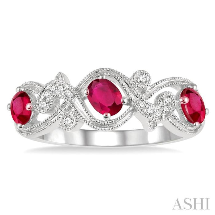 1/20 ctw Entwined Open Lattice 4x3MM Oval Cut Ruby and Round Cut Diamond Precious Wedding Band in 14K White Gold