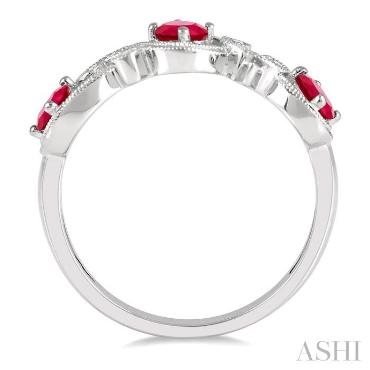 1/20 ctw Entwined Open Lattice 4x3MM Oval Cut Ruby and Round Cut Diamond Precious Wedding Band in 14K White Gold