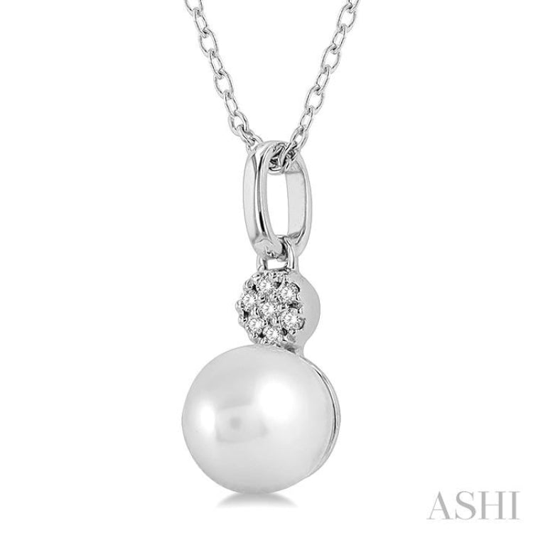 1/50 ctw Petite 6X6 MM Cultured Pearl and Round Cut Diamond Fashion Pendant With Chain in 10K White Gold