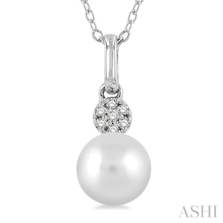 1/50 ctw Petite 6X6 MM Cultured Pearl and Round Cut Diamond Fashion Pendant With Chain in 10K White Gold