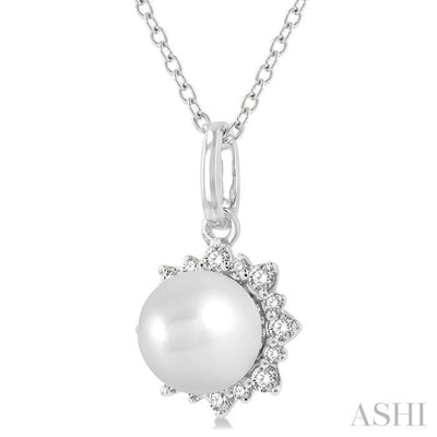 1/10 ctw Petite Sun 6X6 MM Cultured Pearl and Round Cut Diamond Fashion Pendant With Chain in 10K White Gold