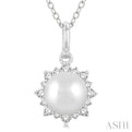 1/10 ctw Petite Sun 6X6 MM Cultured Pearl and Round Cut Diamond Fashion Pendant With Chain in 10K White Gold