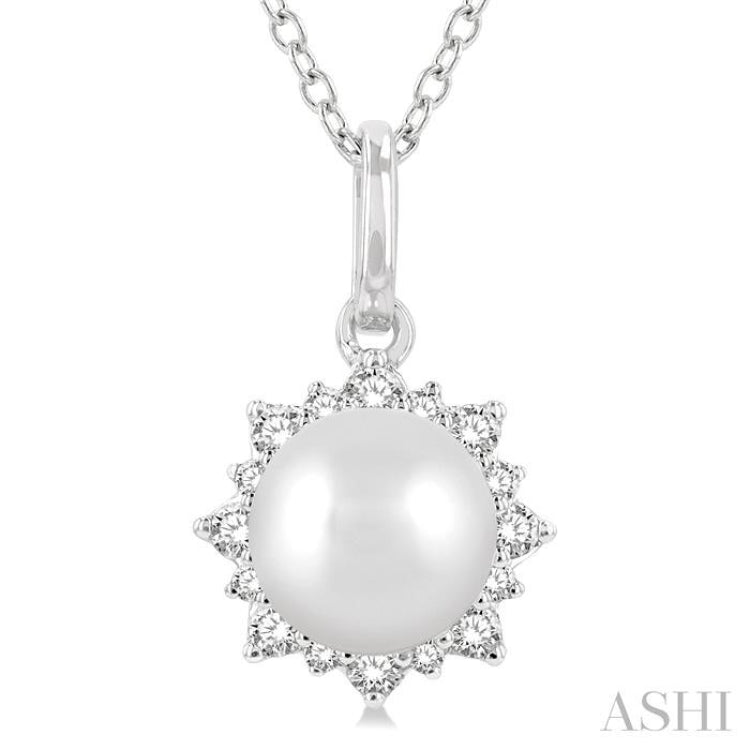 1/10 ctw Petite Sun 6X6 MM Cultured Pearl and Round Cut Diamond Fashion Pendant With Chain in 10K White Gold