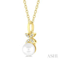 1/50 ctw Petite Floral Round Cut Diamond and 6X6 MM Cultured Pearl Fashion Pendant With Chain in 10K Yellow Gold