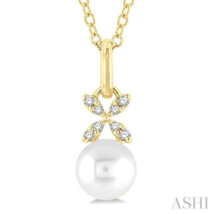 1/50 ctw Petite Floral Round Cut Diamond and 6X6 MM Cultured Pearl Fashion Pendant With Chain in 10K Yellow Gold