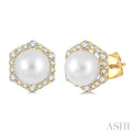 7X7MM Cultured Pearls and 1/3 Ctw Hexagon Shape Round Cut Diamond Earrings in 14K Yellow Gold