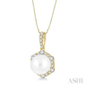 8X8MM Cultured Pearl and 1/3 Ctw Hexagon Shape Round Cut Diamond Pendant With Chain in 14K Yellow Gold