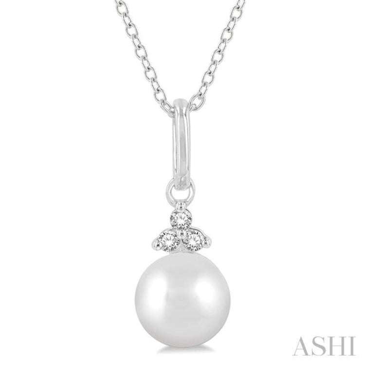 1/50 ctw Petite 6X6 MM Cultured Pearl and Round Cut Diamond FAshion Pendant With Chain in 10K White Gold