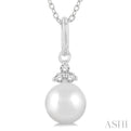 1/50 ctw Petite 6X6 MM Cultured Pearl and Round Cut Diamond FAshion Pendant With Chain in 10K White Gold