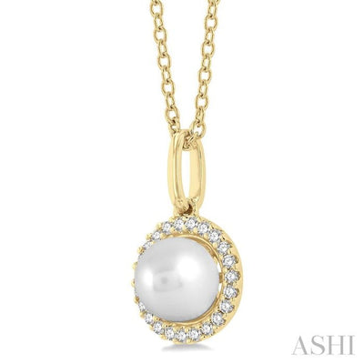 1/20 ctw Petite Round Cut Diamond Halo and 6X6 MM Cultured Pearl Fashion Pendant With Chain in 10K Yellow Gold