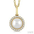 1/20 ctw Petite Round Cut Diamond Halo and 6X6 MM Cultured Pearl Fashion Pendant With Chain in 10K Yellow Gold