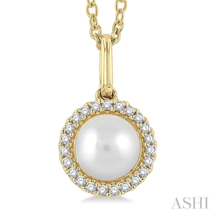 1/20 ctw Petite Round Cut Diamond Halo and 6X6 MM Cultured Pearl Fashion Pendant With Chain in 10K Yellow Gold