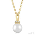 1/20 ctw Petite 6X6 MM Cultured Pearl and Round Cut Diamond Crown Fashion Pendant With Chain in 10K Yellow Gold