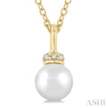 1/20 ctw Petite 6X6 MM Cultured Pearl and Round Cut Diamond Crown Fashion Pendant With Chain in 10K Yellow Gold