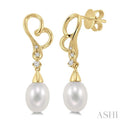 8x6MM Cultured Pearls and 1/20 Ctw Round Cut Diamond Earrings in 10K Yellow Gold