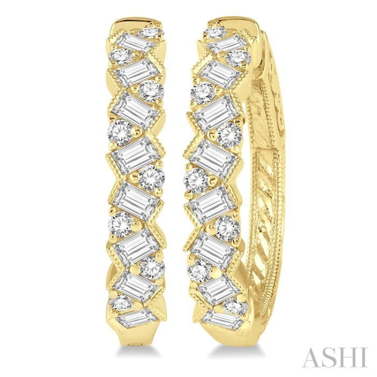 1 Ctw Zigzag Baguette and Round Cut Diamond Hoop Earring in 14K Yellow Gold