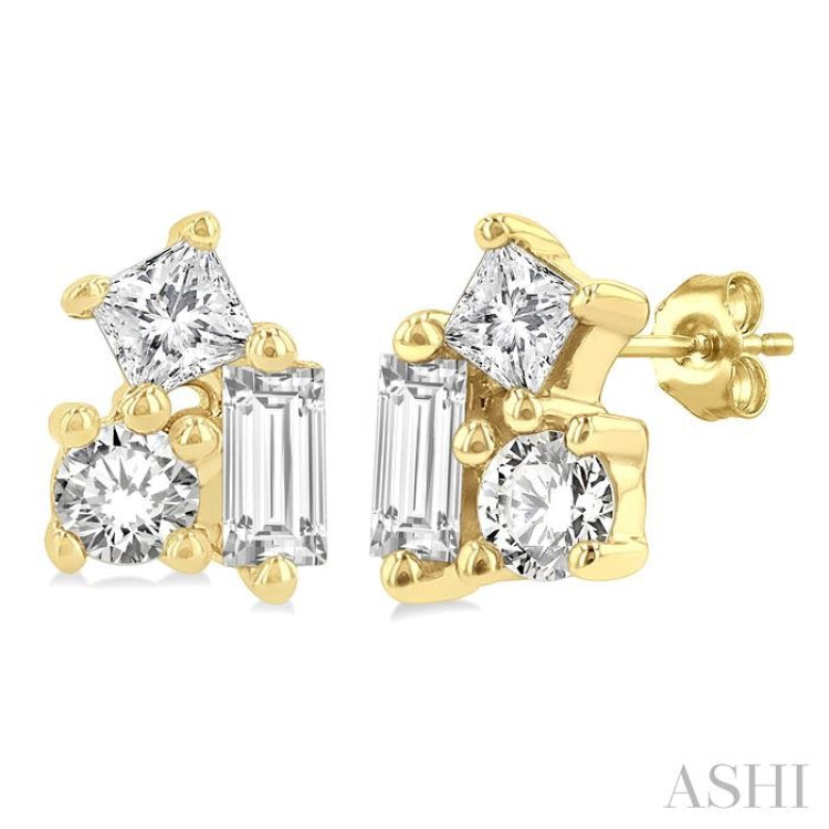 1/6 ctw Petite Tri-Stone Scatter Princess, Baguette & Round Cut Diamond FAshion Stud Earring in 10K Yellow Gold