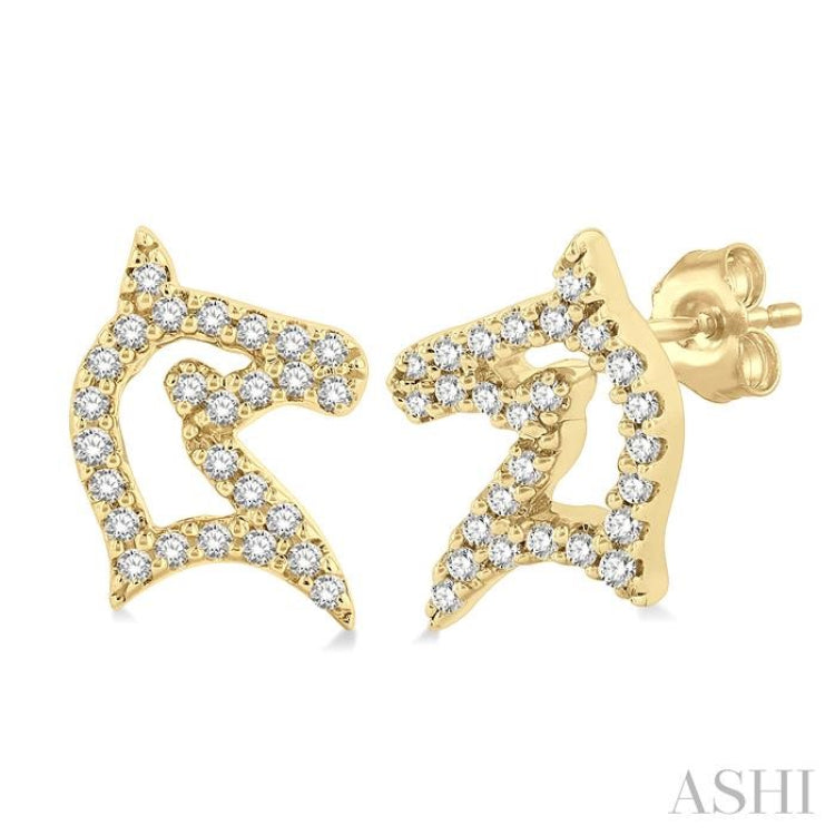 1/6 ctw Petite Horse Head Round Cut Diamond Fashion Stud Earring in 10K Yellow Gold